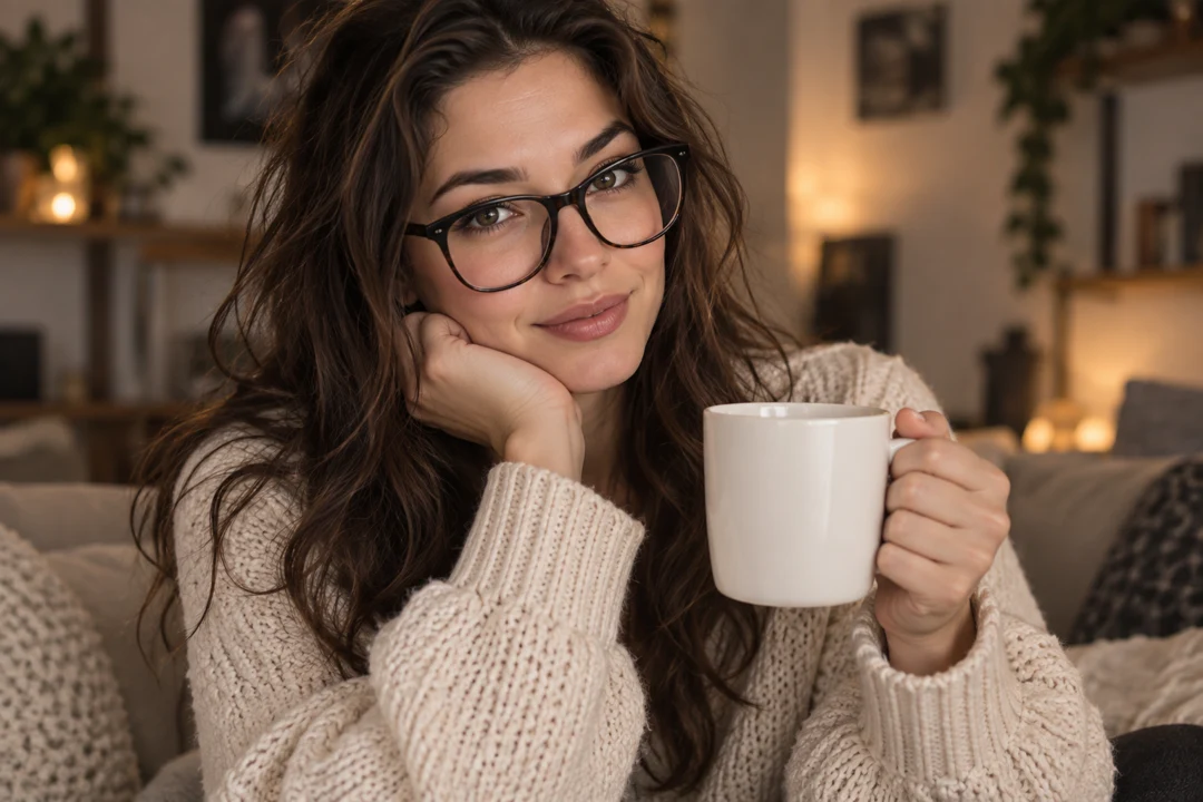 Adult woman in glasses holding a coffee cup