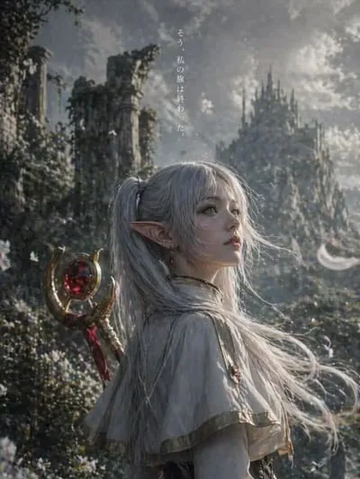 Library reference: silver-haired adult elf in a forest